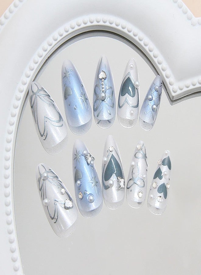 CJDLTS Pearl 3D Press on Nails Almond Medium Length Bow Love Heart Pattern Design Blue Smudge False Nail Full Cover Artificial Stick on Nails Stars Acrylic Fingernails DIY Glue on Nails for Women 24Pcs - Image 3